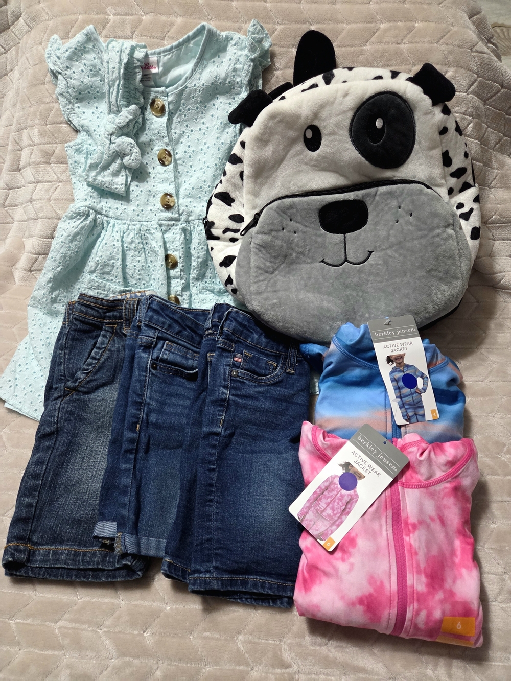 Girls Mint Dress + Denim Shorts + Animal Backpack + Tie-Dye Jackets- Sizes 5&6